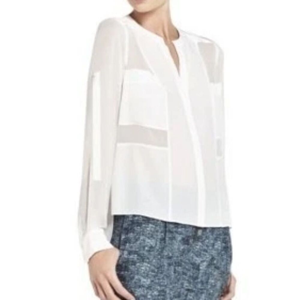 BCBG MaxAzria Blouse White Gael Patchwork 100% Sheer Pockets SZ XS